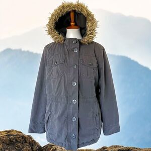 Vintage Y2K Old Navy Bella Swan Style Utility Jacket Gray L Large Coat Faux Fur